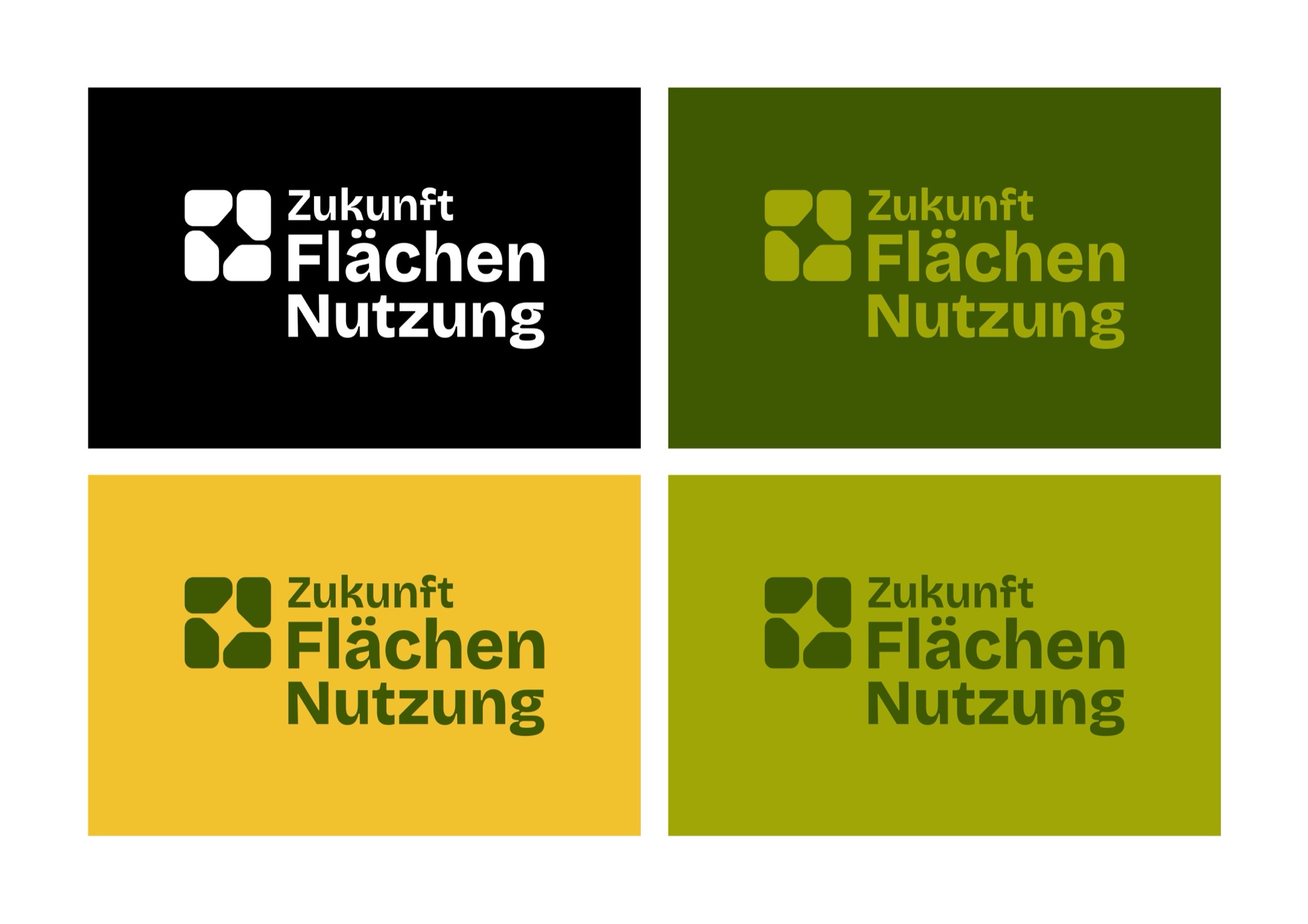 Logo in vier Farbkombinationen auf Schwarz, Grün, Gelb und Lime